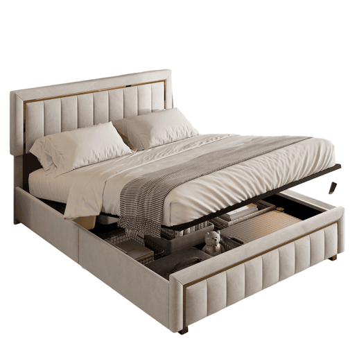 Cama de casal (140×200 cm), em veludo Beige, com baú u2014 cama de estilo moderno para quarto
