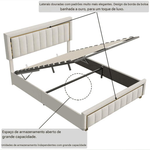 Cama de casal (140×200 cm), em veludo Beige, com baú u2014 cama de estilo moderno para quarto