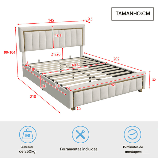 Cama de casal (140×200 cm), em veludo Beige, com baú u2014 cama de estilo moderno para quarto