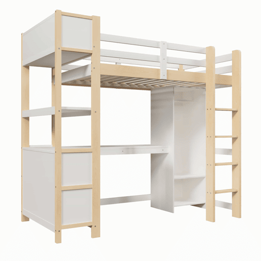 Cama alta 90 x 200 cm u2013 secretária, roupeiro e prateleiras, sem colchão u2013 Natural Cama alta 90 x 200 cm u2013 secretária, roupeiro e prateleiras, sem colchão u2013 Natural