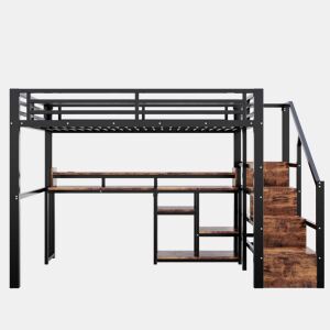 Cama alta 140 x 200 cm u2013 roupeiro com escada, USB, Type-C e LED u2013 preta