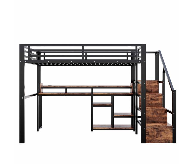 Cama alta 140 x 200 cm – armario escalera, usb, type-c y led – negro