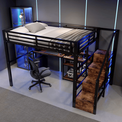 Cama alta 140 x 200 cm u2013 roupeiro com escada, USB, Type-C e LED u2013 preta Cama alta 140 x 200 cm u2013 roupeiro com escada, USB, Type-C e LED u2013 preta