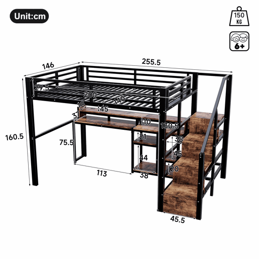 Cama alta 140 x 200 cm u2013 roupeiro com escada, USB, Type-C e LED u2013 preta Cama alta 140 x 200 cm u2013 roupeiro com escada, USB, Type-C e LED u2013 preta