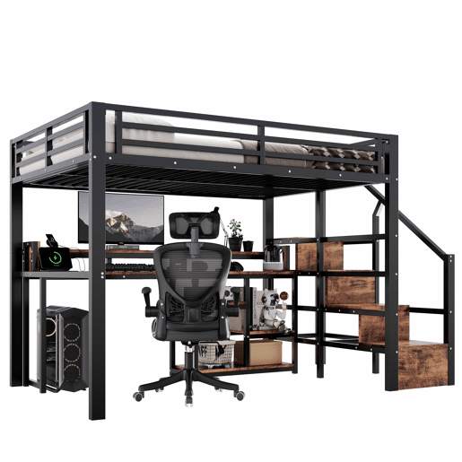 Cama alta 140 x 200 cm u2013 roupeiro com escada, USB, Type-C e LED u2013 preta Cama alta 140 x 200 cm u2013 roupeiro com escada, USB, Type-C e LED u2013 preta