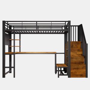 Cama alta 90 x 200 cm u2013 secretária, USB-C, prateleiras e LED, sem colchão u2013 preta