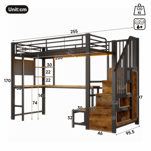 Cama alta 90 x 200 cm u2013 secretária, USB-C, prateleiras e LED, sem colchão u2013 preta Cama alta 90 x 200 cm u2013 secretária, USB-C, prateleiras e LED, sem colchão u2013 preta