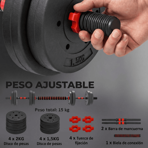 HOMCOM Conjunto de Halteres Ajustáveis 2 em 1 15 kg com Barra de Ligação e Pegas Antiderrapantes para Ginásio em Casa HOMCOM Conjunto de Halteres Ajustáveis 2 em 1 15 kg com Barra de Ligação e Pegas Antiderrapantes para Ginásio em Casa
