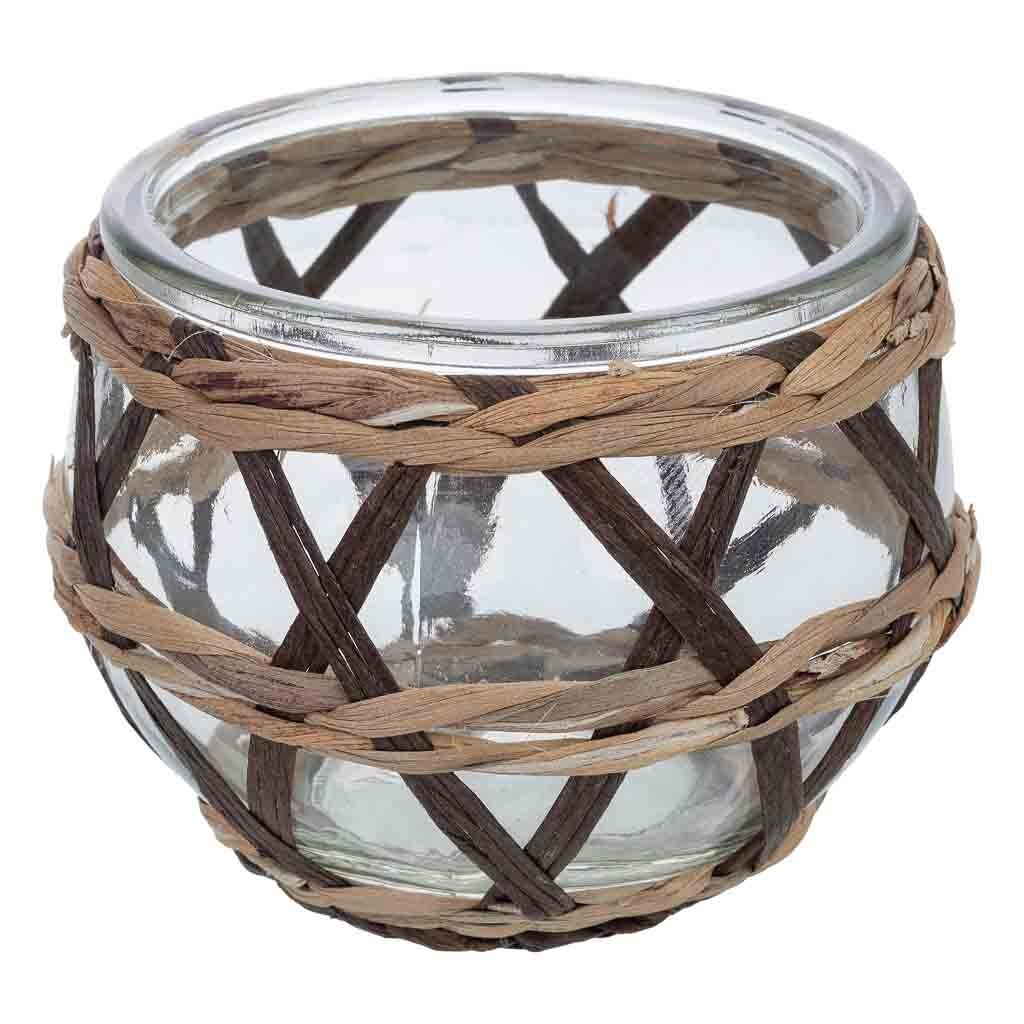 Portavelas de vidrio forrado de fibras naturales marrón d11x8.5h cm