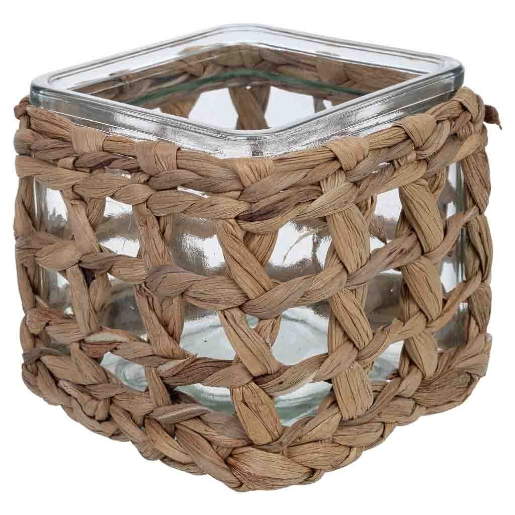 Portavelas de vidrio forrado de fibras naturales marrón 9.5x9.5x10h cm
