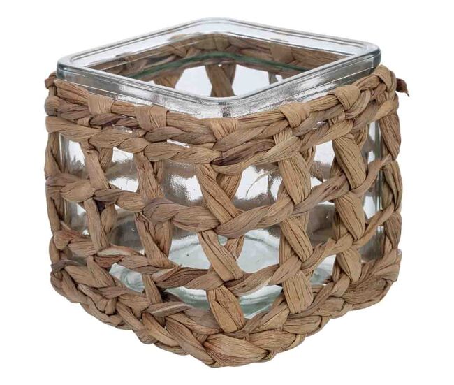 Portavelas de vidrio forrado de fibras naturales marrón 9.5x9.5x10h cm