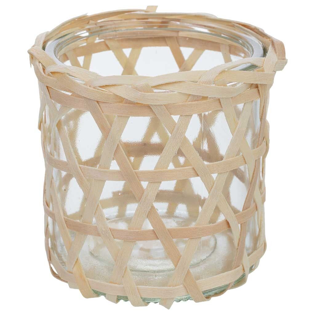 Portavelas de vidrio forrado de fibras naturales marrón d8x8h cm