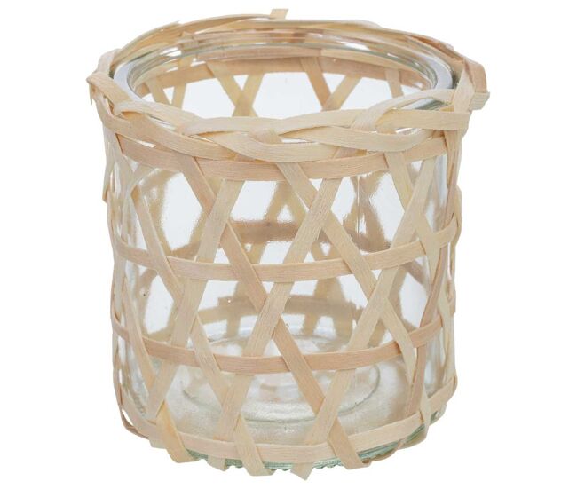 Portavelas de vidrio forrado de fibras naturales marrón d8x8h cm