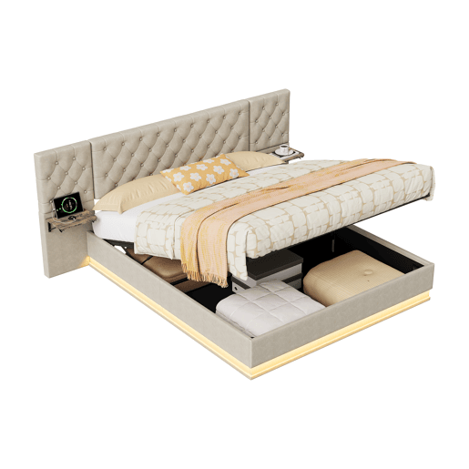 Cama de casal, 160x200cm, com funções de carregamento LED, USB, Tipo-C e sem fios com estrado de ripas tecido de linho, Beige
