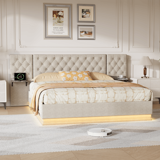 Cama de casal, 160x200cm, com funções de carregamento LED, USB, Tipo-C e sem fios com estrado de ripas tecido de linho, Beige