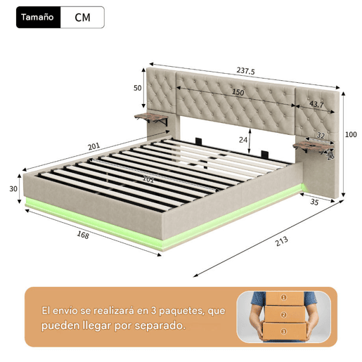 Cama de casal, 160x200cm, com funções de carregamento LED, USB, Tipo-C e sem fios com estrado de ripas tecido de linho, Beige
