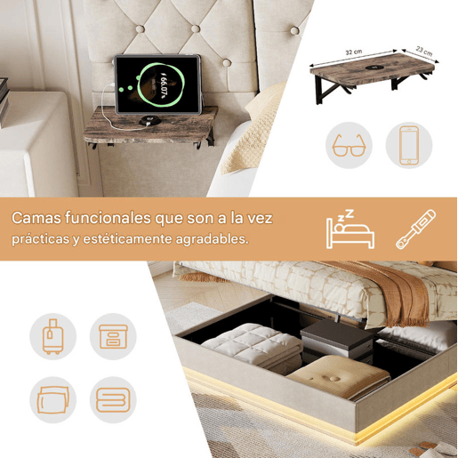 Cama de casal, 160x200cm, com funções de carregamento LED, USB, Tipo-C e sem fios com estrado de ripas tecido de linho, Beige