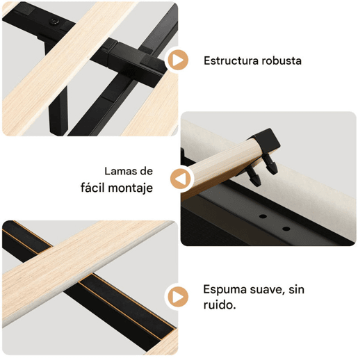 Cama de casal, 160x200cm, com funções de carregamento LED, USB, Tipo-C e sem fios com estrado de ripas tecido de linho, Beige