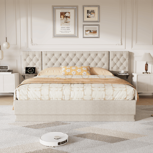 Cama de casal, 160x200cm, com funções de carregamento LED, USB, Tipo-C e sem fios com estrado de ripas tecido de linho, Beige