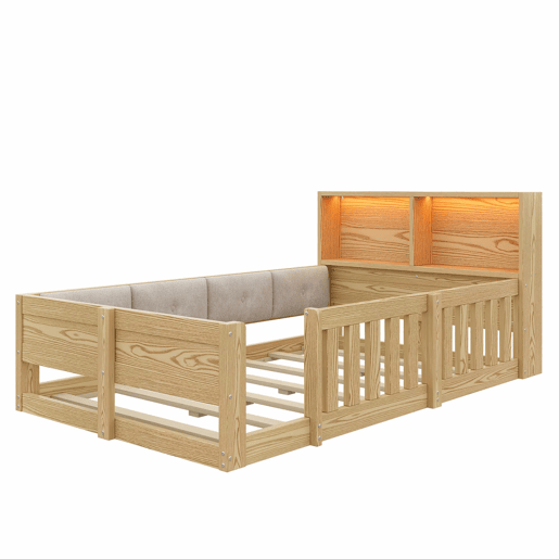 Cama infantil 90 x 200 cm u2013 com barreira, laterais almofadadas e LED, sem colchão u2013 natural