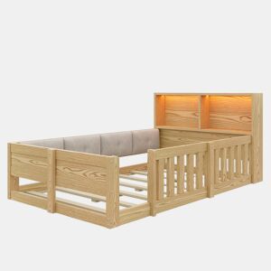 Cama infantil 90 x 200 cm u2013 com barreira, laterais almofadadas e LED, sem colchão u2013 natural