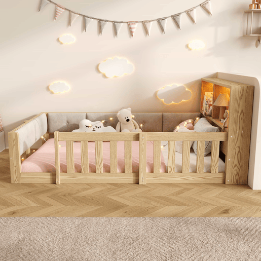 Cama infantil 90 x 200 cm u2013 com barreira, laterais almofadadas e LED, sem colchão u2013 natural
