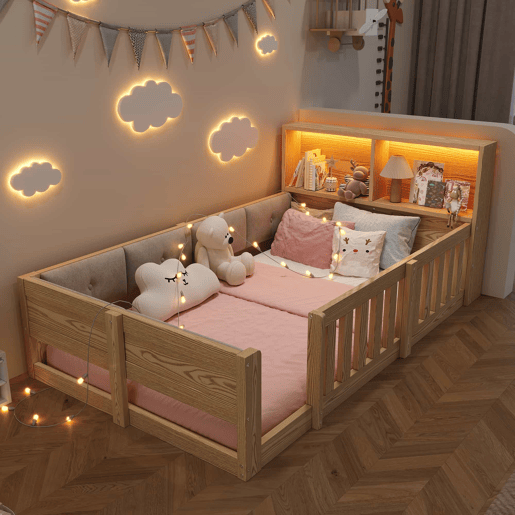 Cama infantil 90 x 200 cm u2013 com barreira, laterais almofadadas e LED, sem colchão u2013 natural