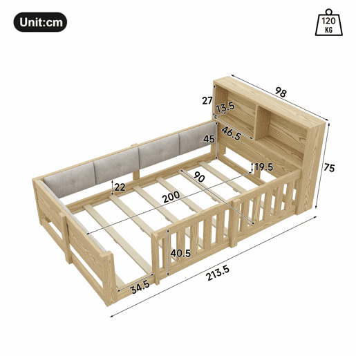 Cama infantil 90 x 200 cm u2013 com barreira, laterais almofadadas e LED, sem colchão u2013 natural