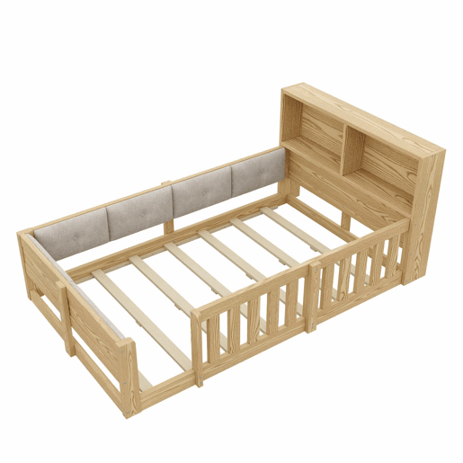 Cama infantil 90 x 200 cm u2013 com barreira, laterais almofadadas e LED, sem colchão u2013 natural