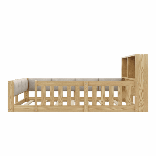 Cama infantil 90 x 200 cm u2013 com barreira, laterais almofadadas e LED, sem colchão u2013 natural
