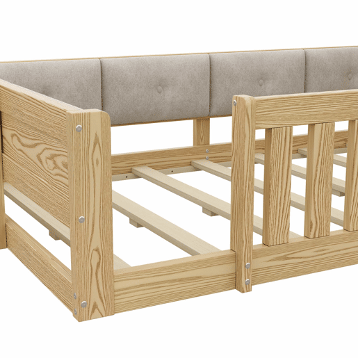Cama infantil 90 x 200 cm u2013 com barreira, laterais almofadadas e LED, sem colchão u2013 natural