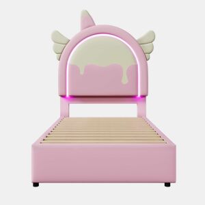 Cama estofada 90 x 200 cm u2013 LED, 2 gavetas, unicórnio, sem colchão u2013 rosa