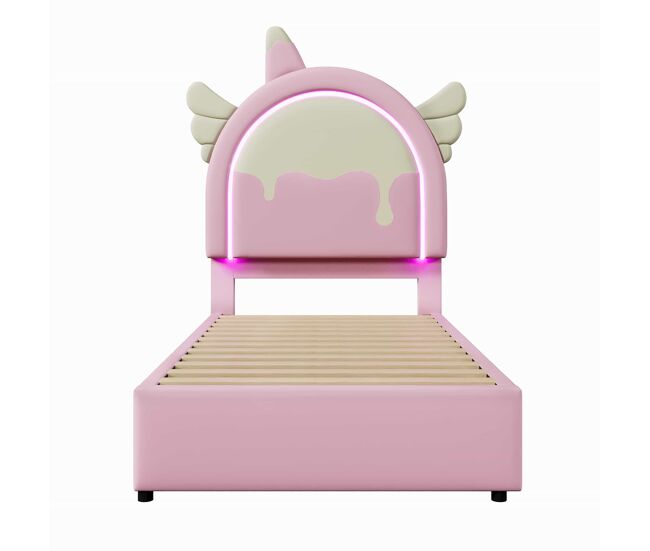 Cama tapizada 90 x 200 cm – led, 2 cajones, unicornio, sin colchón – rosa