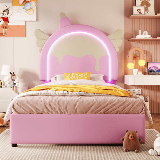 Cama estofada 90 x 200 cm u2013 LED, 2 gavetas, unicórnio, sem colchão u2013 rosa Cama estofada 90 x 200 cm u2013 LED, 2 gavetas, unicórnio, sem colchão u2013 rosa