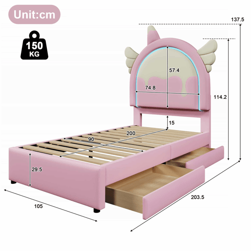 Cama estofada 90 x 200 cm u2013 LED, 2 gavetas, unicórnio, sem colchão u2013 rosa Cama estofada 90 x 200 cm u2013 LED, 2 gavetas, unicórnio, sem colchão u2013 rosa