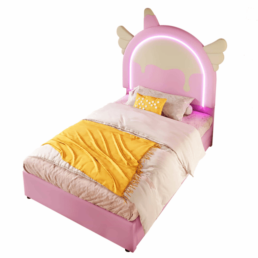 Cama estofada 90 x 200 cm u2013 LED, 2 gavetas, unicórnio, sem colchão u2013 rosa Cama estofada 90 x 200 cm u2013 LED, 2 gavetas, unicórnio, sem colchão u2013 rosa