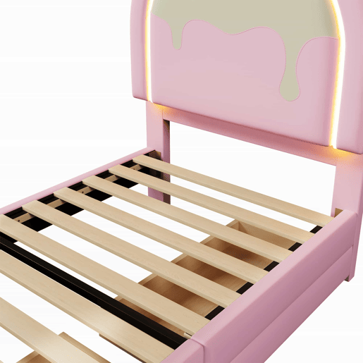 Cama estofada 90 x 200 cm u2013 LED, 2 gavetas, unicórnio, sem colchão u2013 rosa Cama estofada 90 x 200 cm u2013 LED, 2 gavetas, unicórnio, sem colchão u2013 rosa