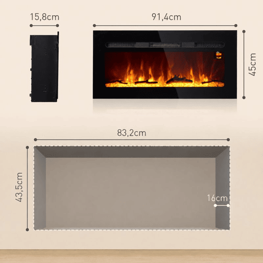 HOMCOM Lareira Elétrica de Parede, Aquecedor 1800W, Chama LED 3D, Cristais, 3 Cores, 5 Níveis de Brilho, Comando, Temporizador, Ecrã Tátil, Preto HOMCOM Lareira Elétrica de Parede, Aquecedor 1800W, Chama LED 3D, Cristais, 3 Cores, 5 Níveis de Brilho, Comando, Temporizador, Ecrã Tátil, Preto