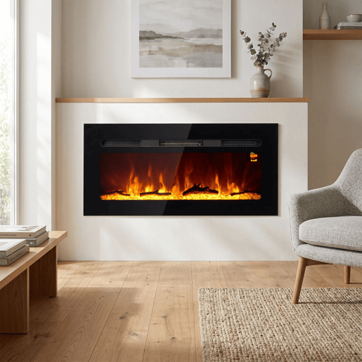 HOMCOM Lareira Elétrica de Parede, Aquecedor 1800W, Chama LED 3D, Cristais, 3 Cores, 5 Níveis de Brilho, Comando, Temporizador, Ecrã Tátil, Preto HOMCOM Lareira Elétrica de Parede, Aquecedor 1800W, Chama LED 3D, Cristais, 3 Cores, 5 Níveis de Brilho, Comando, Temporizador, Ecrã Tátil, Preto