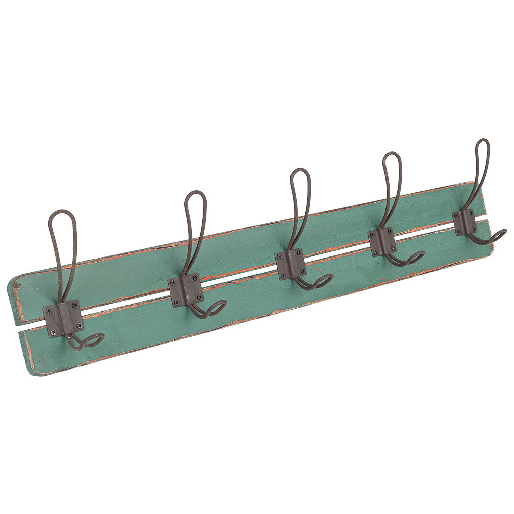 Percha de pared de madera con 5 ganchos verde 66x6x13.5h cm