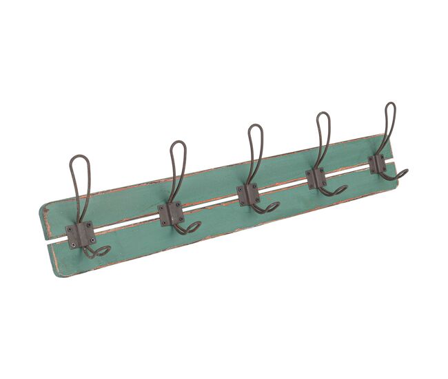 Percha de pared de madera con 5 ganchos verde 66x6x13.5h cm