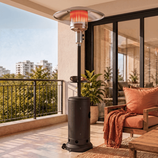 Outsunny Aquecedor de Exterior a Gás 13 kW para Terraço, Ignição Piezoelétrica, Mesa Auxiliar, Rodas e Espaço para Garrafa de Gás, até 30 m², Castanho