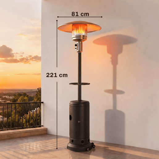 Outsunny Aquecedor de Exterior a Gás 13 kW para Terraço, Ignição Piezoelétrica, Mesa Auxiliar, Rodas e Espaço para Garrafa de Gás, até 30 m², Castanho