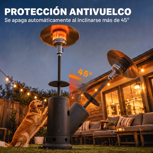 Outsunny Aquecedor de Exterior a Gás 13 kW para Terraço, Ignição Piezoelétrica, Mesa Auxiliar, Rodas e Espaço para Garrafa de Gás, até 30 m², Castanho
