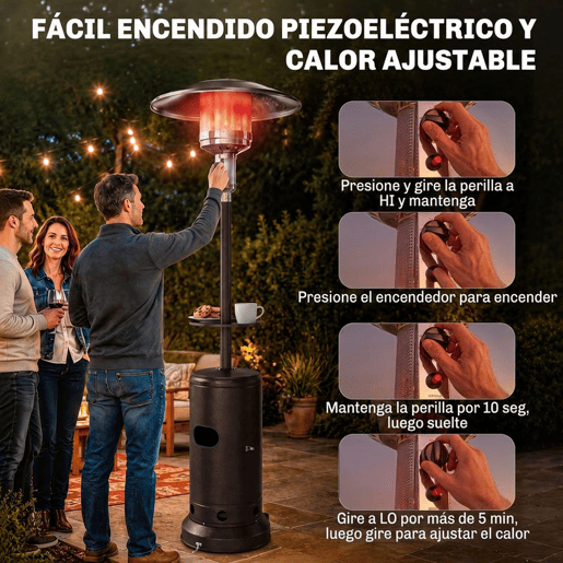 Outsunny Aquecedor de Exterior a Gás 13 kW para Terraço, Ignição Piezoelétrica, Mesa Auxiliar, Rodas e Espaço para Garrafa de Gás, até 30 m², Castanho