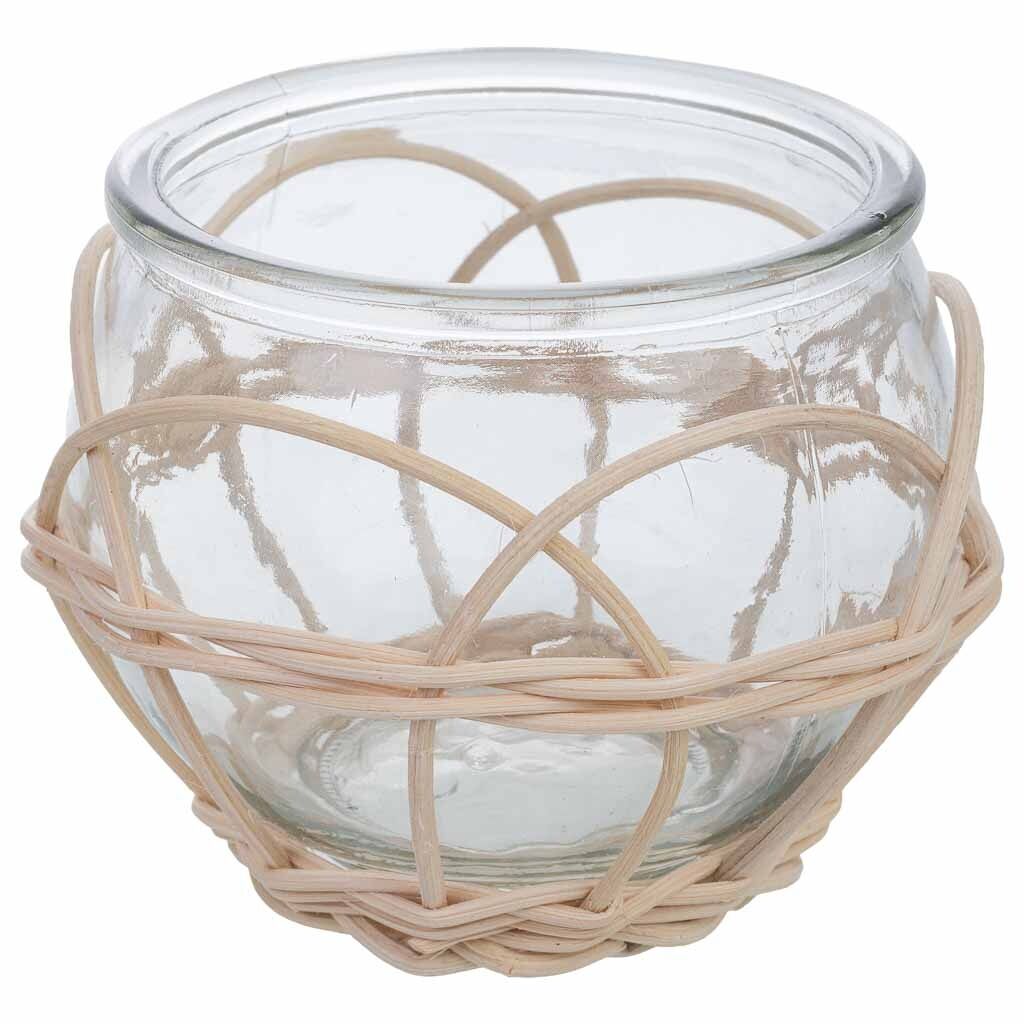 Portavelas de vidrio forrado de ratán beige d10x8.6h cm