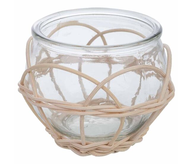 Portavelas de vidrio forrado de ratán beige d10x8.6h cm