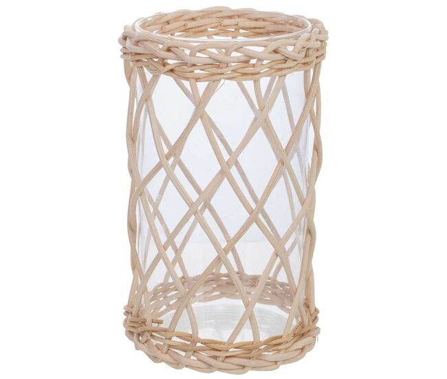 Portavelas de vidrio forrado de fibras naturales marrón d9x17h cm