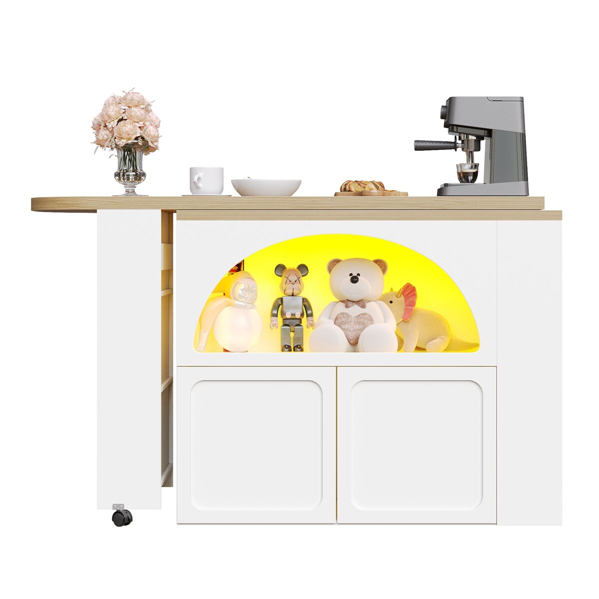 Mesa de bar extensible 135-205x39x100 cm - mesa de bar moderna con almacenamiento y led - blanco