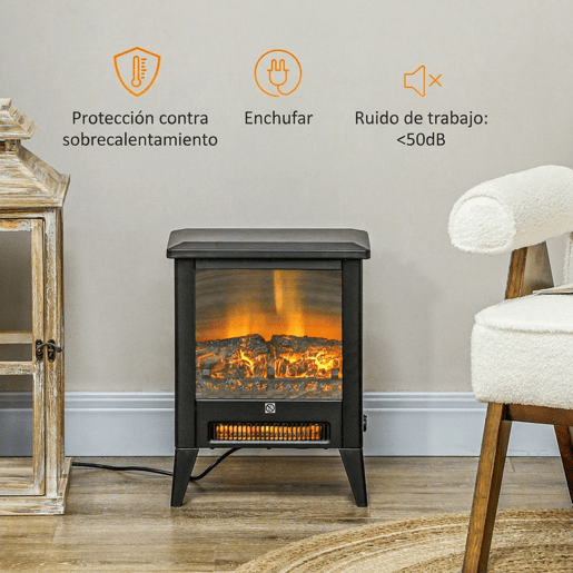 HOMCOM Lareira Elétrica 1800 W, Lareira Decorativa Independente com Efeito de Chama LED, Baixo Ruído, Proteção contra Sobreaquecimento, para 30 m², Preto